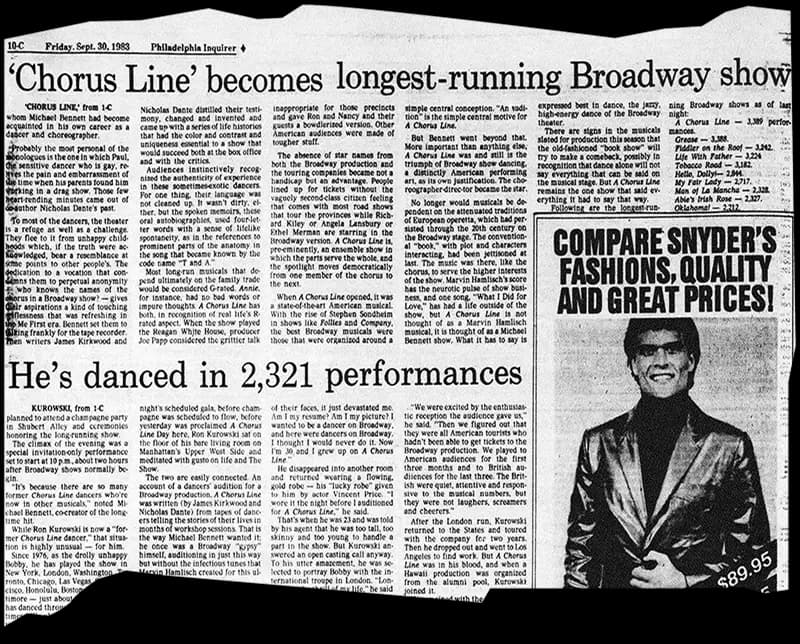 'A Chorus Line' newspaper clipping, Philadelphia Inquirer, September 30, 1983